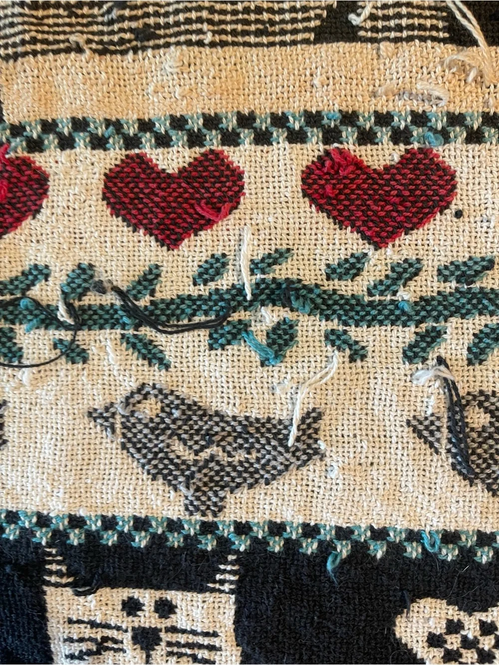 80s Whimsical Cat Woven jacquard  Throw Blanket - with damage -pulled threads